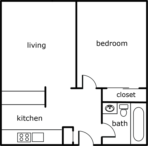 Floor plan for 1 bed, 1 bath, 480 sqft